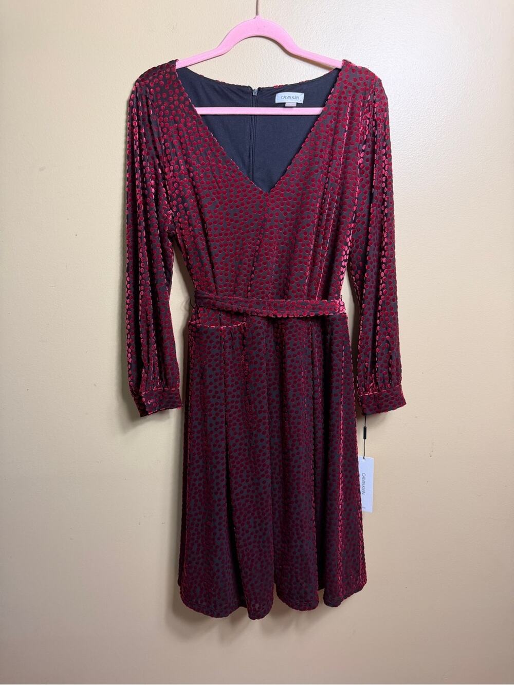 NWT Calvin Klein Velvet Polka Dot Dress Size 16 V-Neck Belted red Holiday